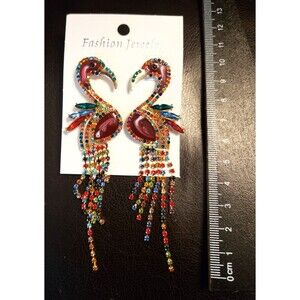 Pink Flamingos Colored Rhinestones Outline & Dangle Earrings